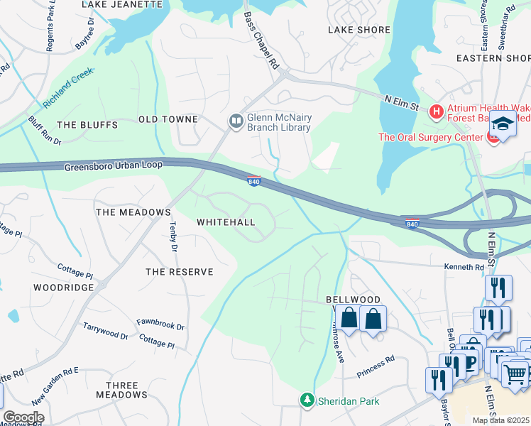map of restaurants, bars, coffee shops, grocery stores, and more near 55 Mansfield Circle in Greensboro
