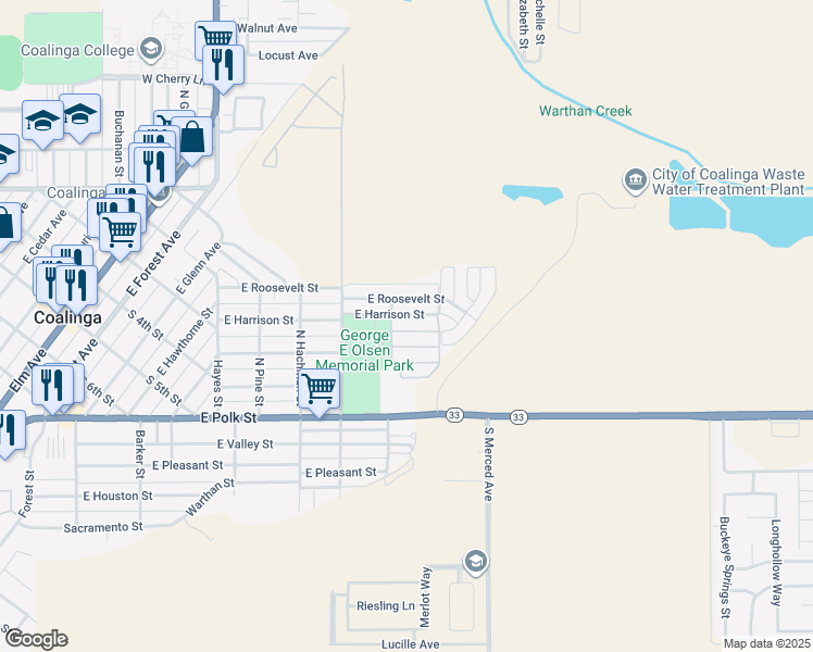 map of restaurants, bars, coffee shops, grocery stores, and more near 540 East Sullivan Street in Coalinga