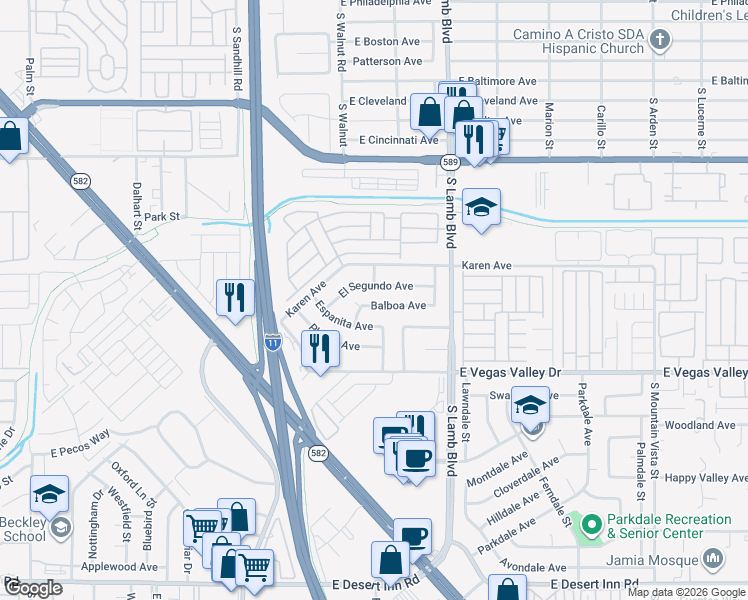 map of restaurants, bars, coffee shops, grocery stores, and more near 4060 Balboa Avenue in Las Vegas