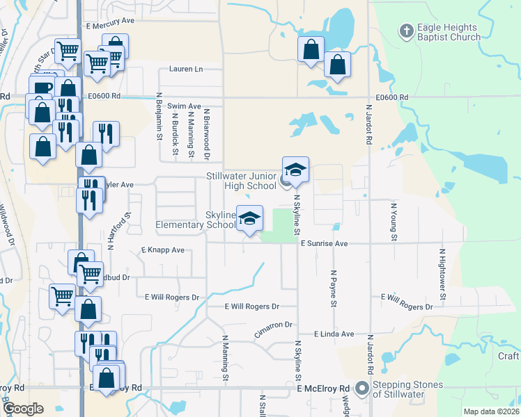 map of restaurants, bars, coffee shops, grocery stores, and more near 1402 East Sunrise Avenue in Stillwater