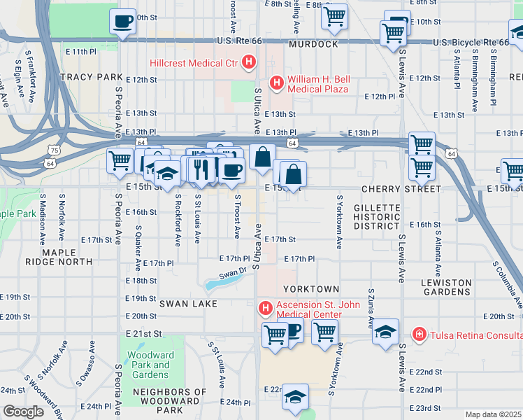 map of restaurants, bars, coffee shops, grocery stores, and more near 1595 South Utica Avenue in Tulsa
