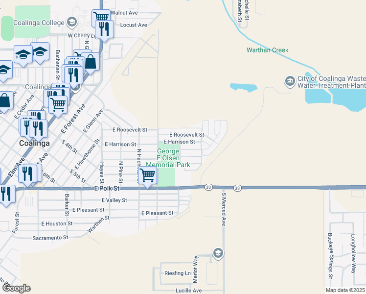 map of restaurants, bars, coffee shops, grocery stores, and more near 484 East Roosevelt Street in Coalinga