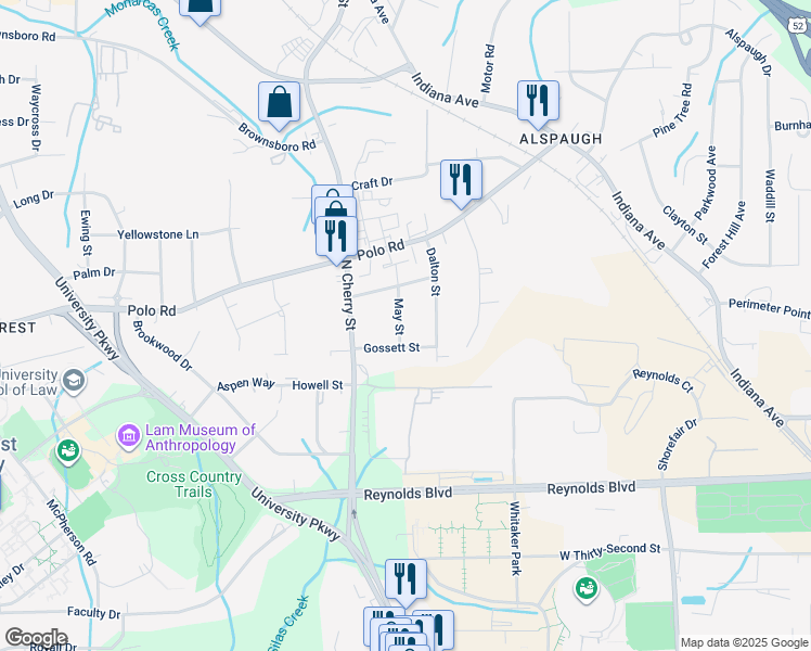 map of restaurants, bars, coffee shops, grocery stores, and more near 4007 May Street in Winston-Salem