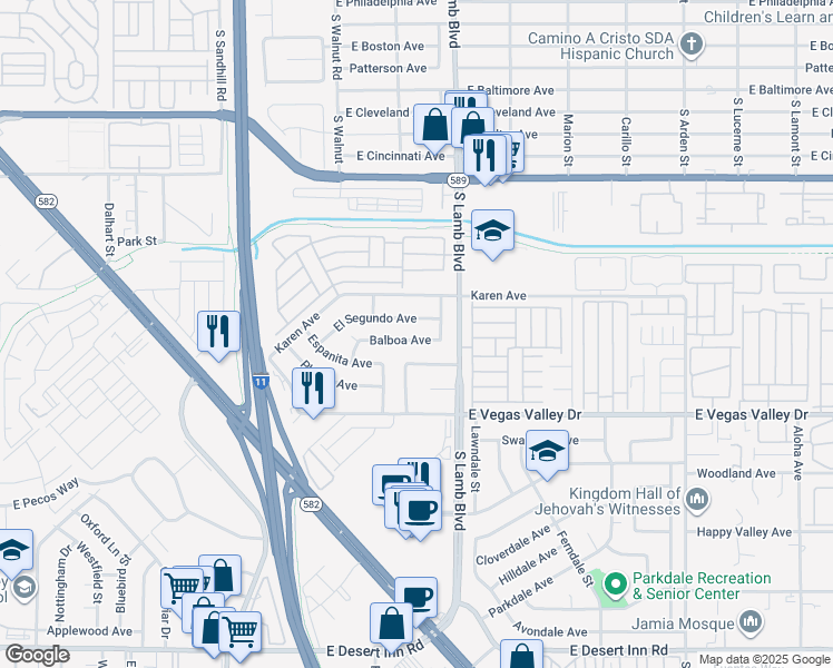 map of restaurants, bars, coffee shops, grocery stores, and more near 4130 Balboa Avenue in Las Vegas
