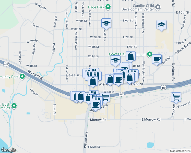 map of restaurants, bars, coffee shops, grocery stores, and more near 218 North Cleveland Avenue in Sand Springs