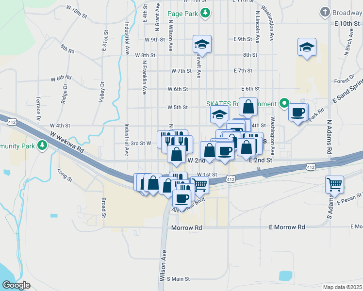 map of restaurants, bars, coffee shops, grocery stores, and more near 218 North Cleveland Avenue in Sand Springs
