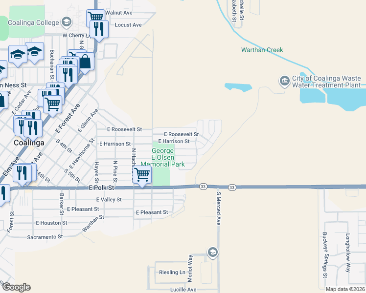 map of restaurants, bars, coffee shops, grocery stores, and more near 540 East Sullivan Street in Coalinga