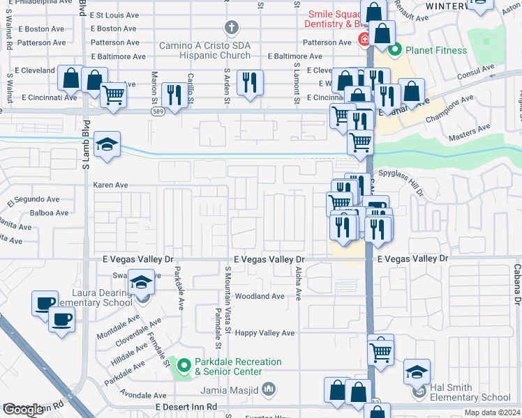 map of restaurants, bars, coffee shops, grocery stores, and more near 2764 Aarondavid Drive in Las Vegas