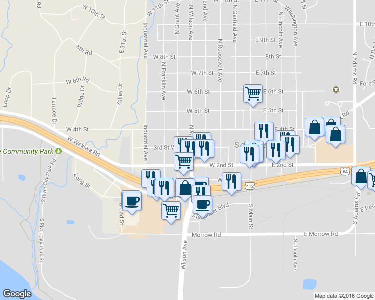 map of restaurants, bars, coffee shops, grocery stores, and more near 224 North Wilson Avenue in Sand Springs