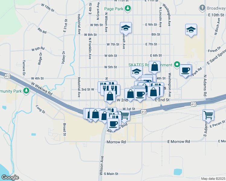 map of restaurants, bars, coffee shops, grocery stores, and more near 218 North Cleveland Avenue in Sand Springs
