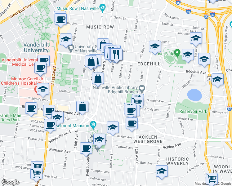 map of restaurants, bars, coffee shops, grocery stores, and more near 1415 15th Avenue South in Nashville