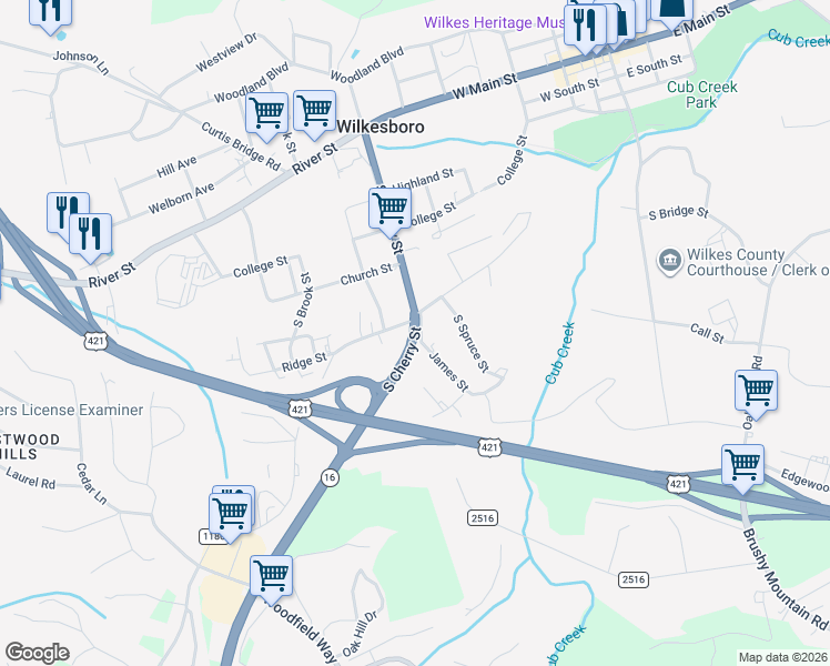 map of restaurants, bars, coffee shops, grocery stores, and more near North Carolina 18 in Wilkesboro