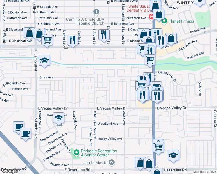 map of restaurants, bars, coffee shops, grocery stores, and more near 2764 Aarondavid Drive in Las Vegas