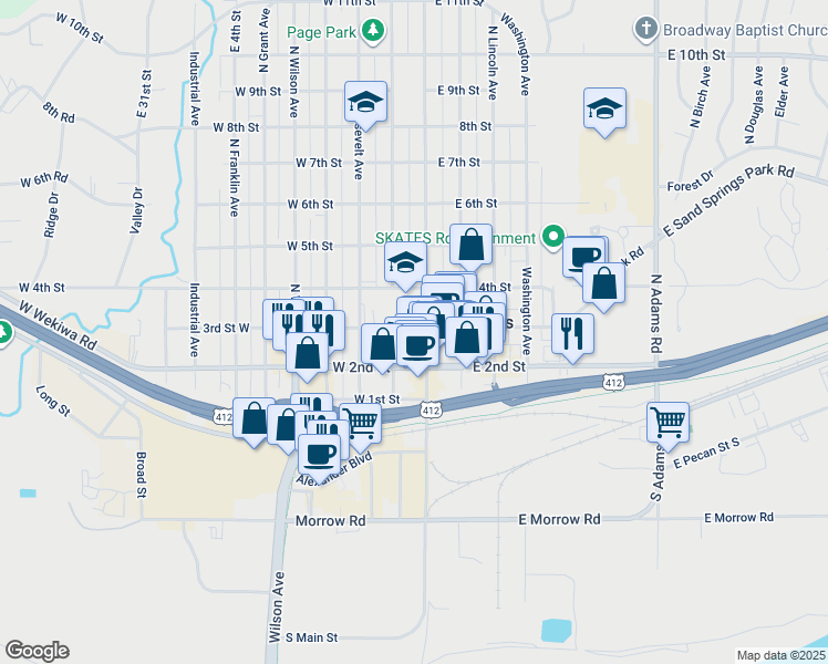 map of restaurants, bars, coffee shops, grocery stores, and more near 10 W Broadway St in Sand Springs