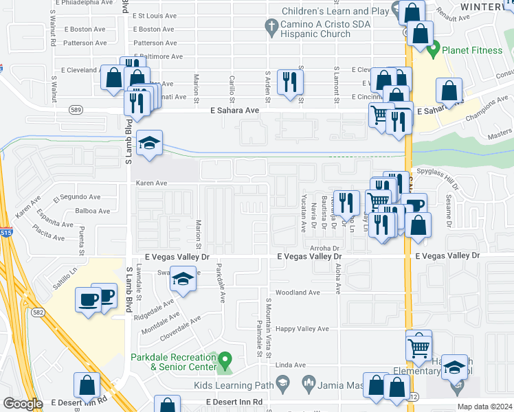map of restaurants, bars, coffee shops, grocery stores, and more near 2763 Sidewinder Lane in Las Vegas
