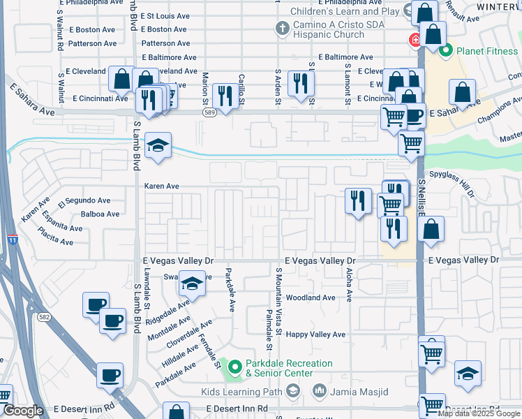 map of restaurants, bars, coffee shops, grocery stores, and more near 2763 Sidewinder Lane in Las Vegas