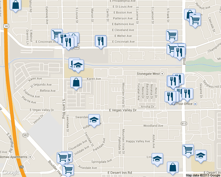map of restaurants, bars, coffee shops, grocery stores, and more near 2763 Sidewinder Lane in Las Vegas