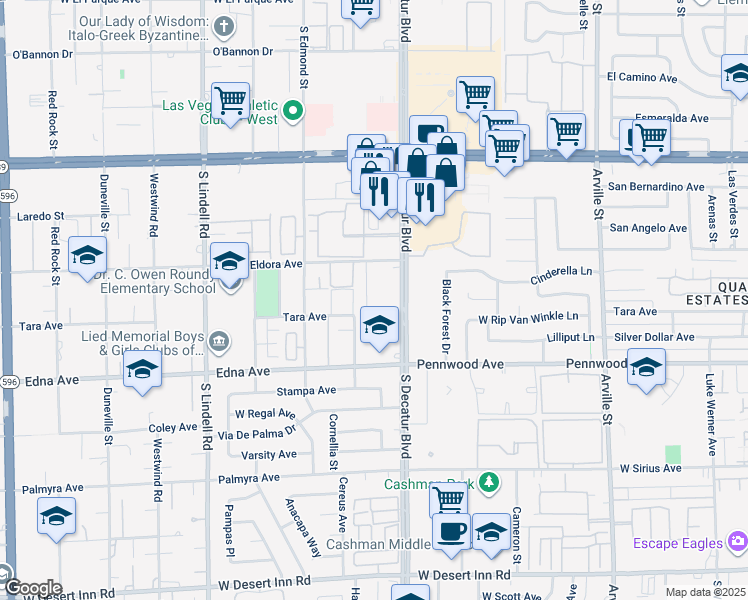 map of restaurants, bars, coffee shops, grocery stores, and more near 2772 Eldora Circle in Las Vegas