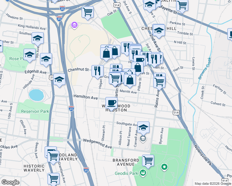 map of restaurants, bars, coffee shops, grocery stores, and more near 525 Merritt Avenue in Nashville