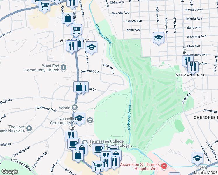 map of restaurants, bars, coffee shops, grocery stores, and more near 5429 Knob Road in Nashville