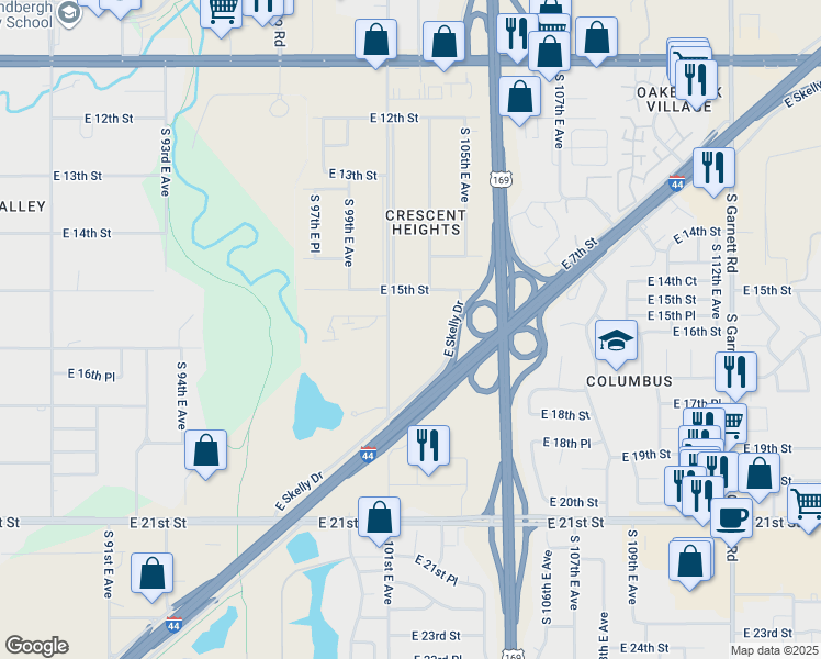 map of restaurants, bars, coffee shops, grocery stores, and more near 1645 S 101st E Ave in Tulsa