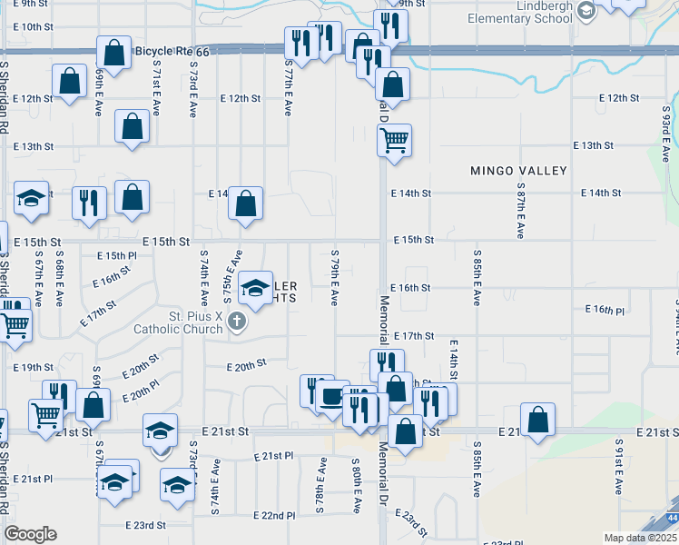 map of restaurants, bars, coffee shops, grocery stores, and more near 7819 East 15th Place in Tulsa