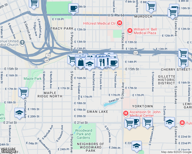 map of restaurants, bars, coffee shops, grocery stores, and more near 1531 South Rockford Avenue in Tulsa