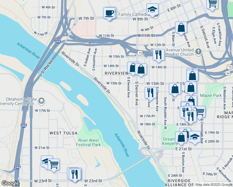 map of restaurants, bars, coffee shops, grocery stores, and more near 1563 Riverside Drive in Tulsa