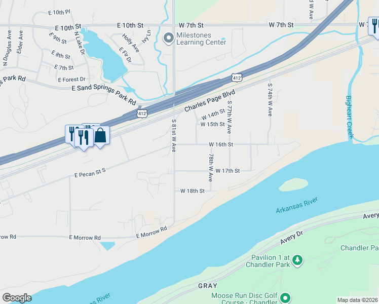 map of restaurants, bars, coffee shops, grocery stores, and more near 7912 West 16th Street in Tulsa
