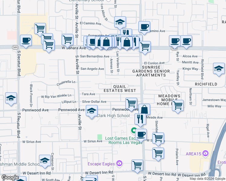 map of restaurants, bars, coffee shops, grocery stores, and more near 2851 South Valley View Boulevard in Las Vegas