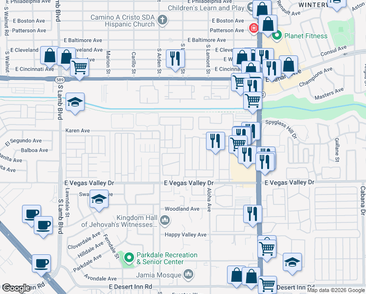 map of restaurants, bars, coffee shops, grocery stores, and more near 4670 Amberleigh Lane in Las Vegas