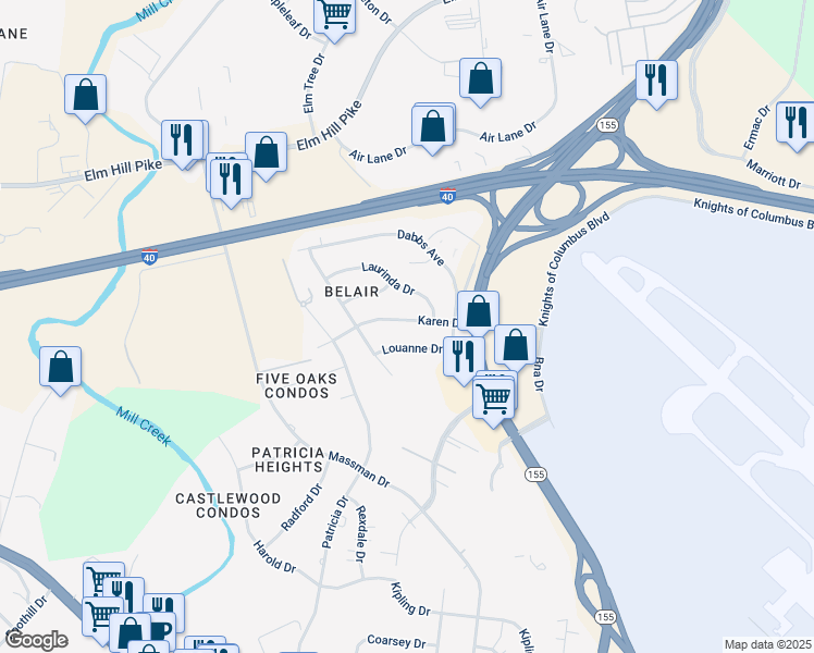 map of restaurants, bars, coffee shops, grocery stores, and more near 1925 Karen Drive in Nashville