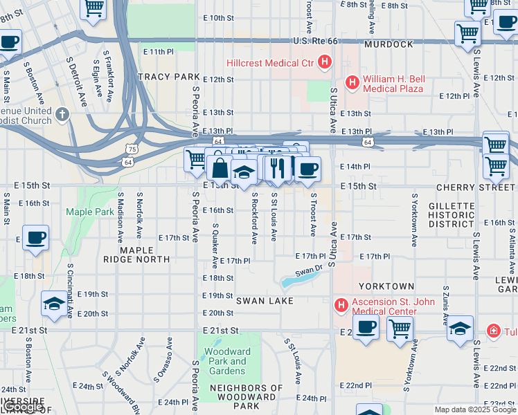 map of restaurants, bars, coffee shops, grocery stores, and more near 1531 South Rockford Avenue in Tulsa