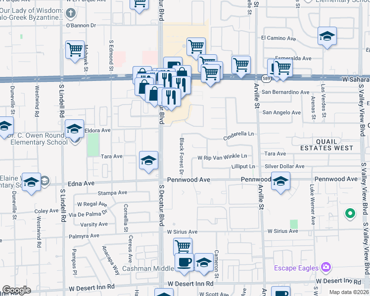 map of restaurants, bars, coffee shops, grocery stores, and more near 2921 Black Forest Drive in Las Vegas
