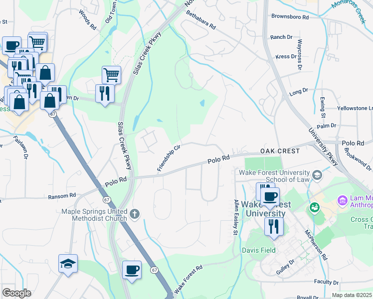 map of restaurants, bars, coffee shops, grocery stores, and more near 230 Friendship Circle in Winston-Salem