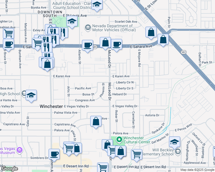 map of restaurants, bars, coffee shops, grocery stores, and more near 2763 McLeod Drive in Las Vegas