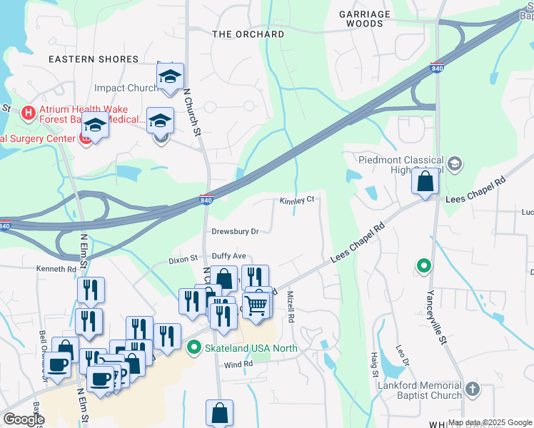 map of restaurants, bars, coffee shops, grocery stores, and more near 133 Drewsbury Drive in Greensboro