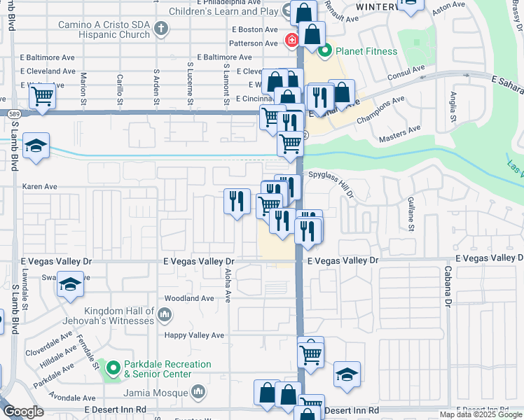 map of restaurants, bars, coffee shops, grocery stores, and more near 2725 South Nellis Boulevard in Las Vegas