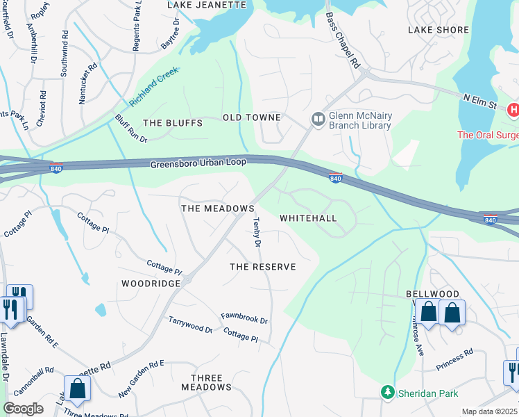 map of restaurants, bars, coffee shops, grocery stores, and more near 4808 Tenby Dr in Greensboro