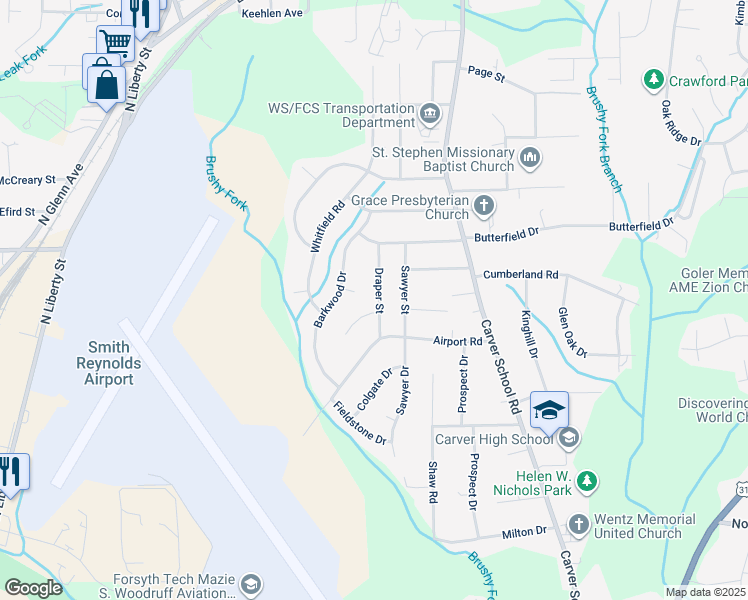 map of restaurants, bars, coffee shops, grocery stores, and more near 3826 Draper Street in Winston-Salem