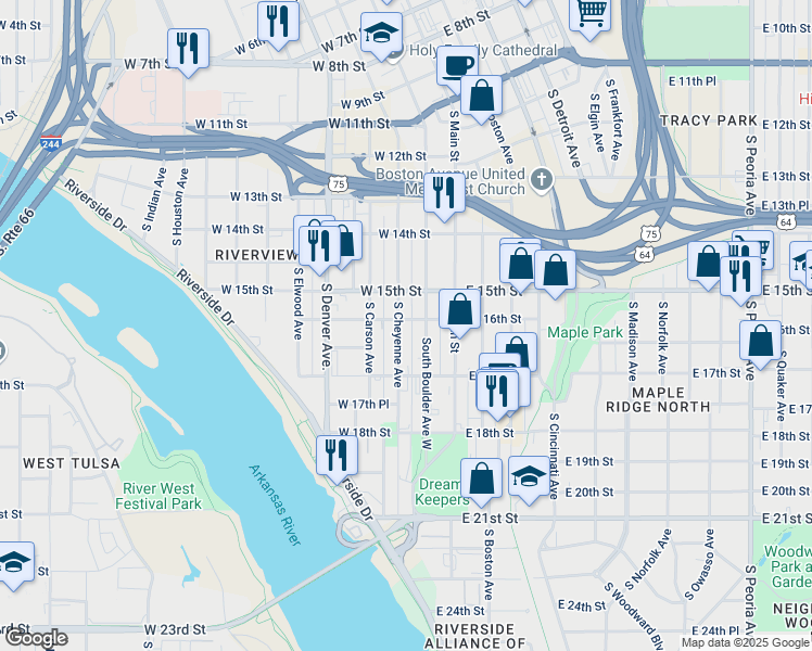map of restaurants, bars, coffee shops, grocery stores, and more near 1601 South Cheyenne Avenue in Tulsa