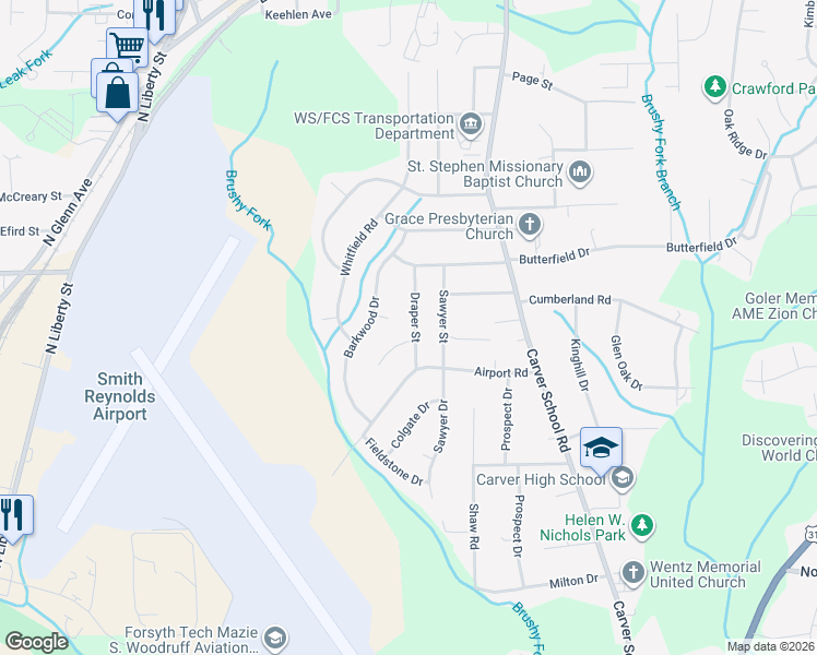 map of restaurants, bars, coffee shops, grocery stores, and more near 3826 Draper Street in Winston-Salem