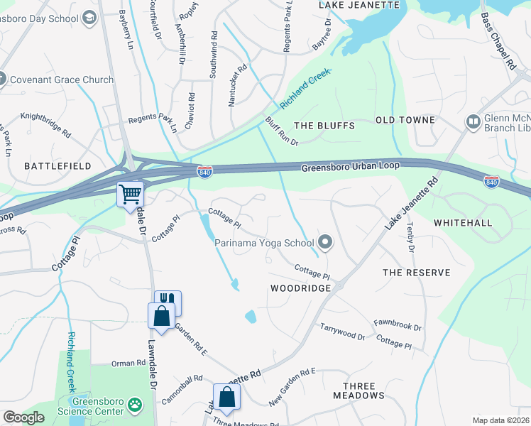 map of restaurants, bars, coffee shops, grocery stores, and more near 2644 Cottage Place in Greensboro