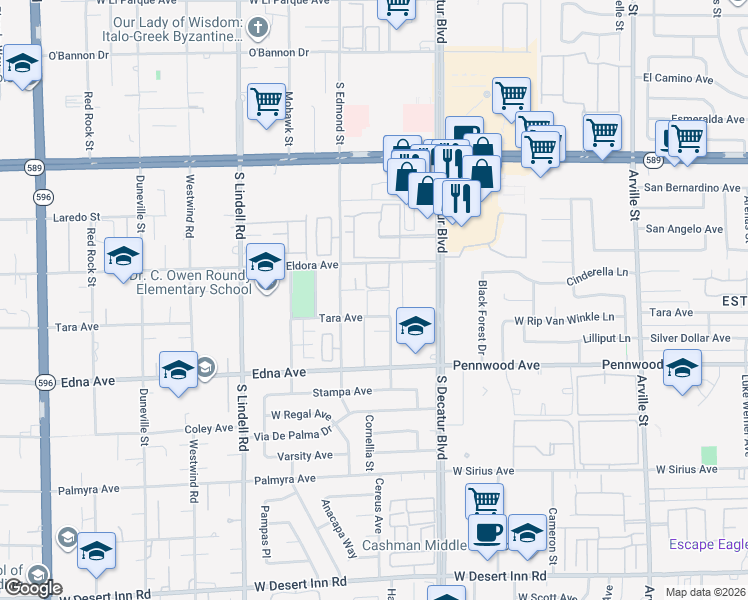 map of restaurants, bars, coffee shops, grocery stores, and more near 5070 Tara Avenue in Las Vegas