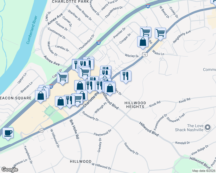 map of restaurants, bars, coffee shops, grocery stores, and more near in Nashville