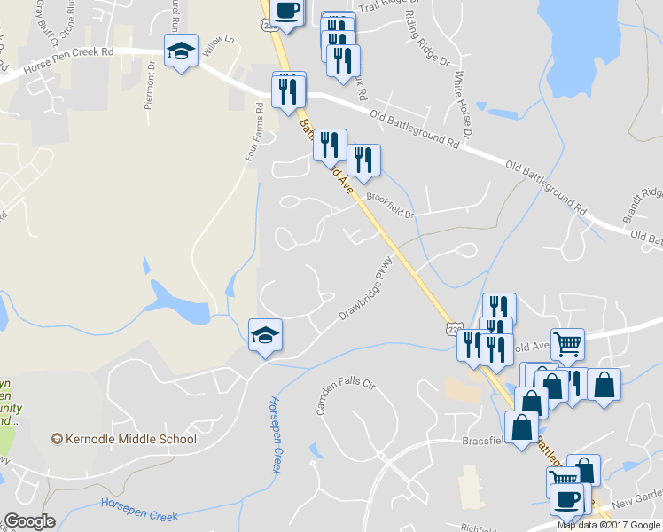 map of restaurants, bars, coffee shops, grocery stores, and more near 3801 Battleground Avenue in Greensboro