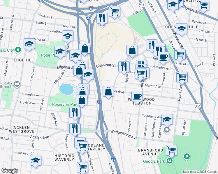 map of restaurants, bars, coffee shops, grocery stores, and more near 1300 Fort Negley Blvd in Nashville