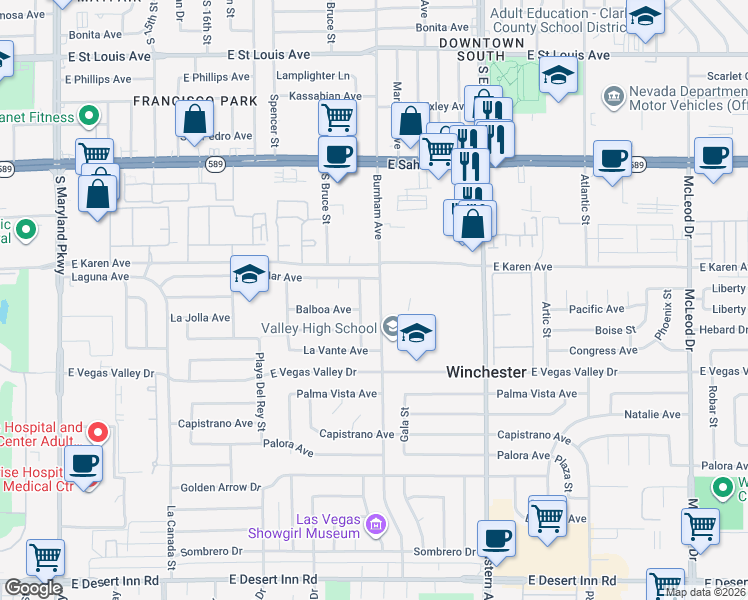 map of restaurants, bars, coffee shops, grocery stores, and more near 2765 Burnham Avenue in Las Vegas