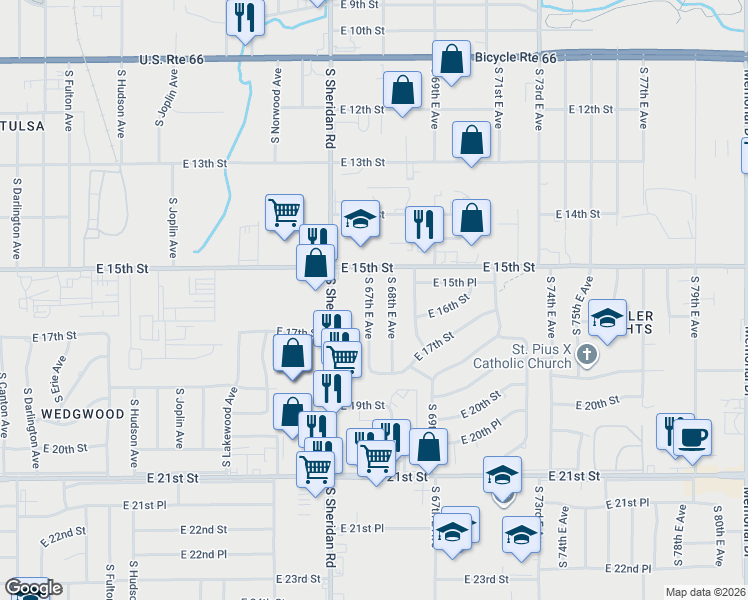 map of restaurants, bars, coffee shops, grocery stores, and more near 1529 South 67th East Avenue in Tulsa