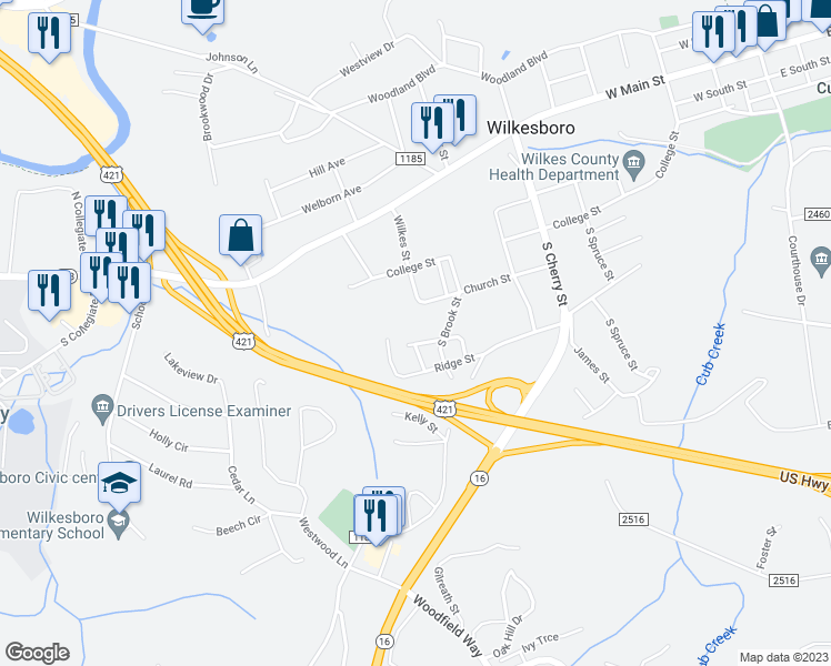 map of restaurants, bars, coffee shops, grocery stores, and more near 902 Union Street in Wilkesboro